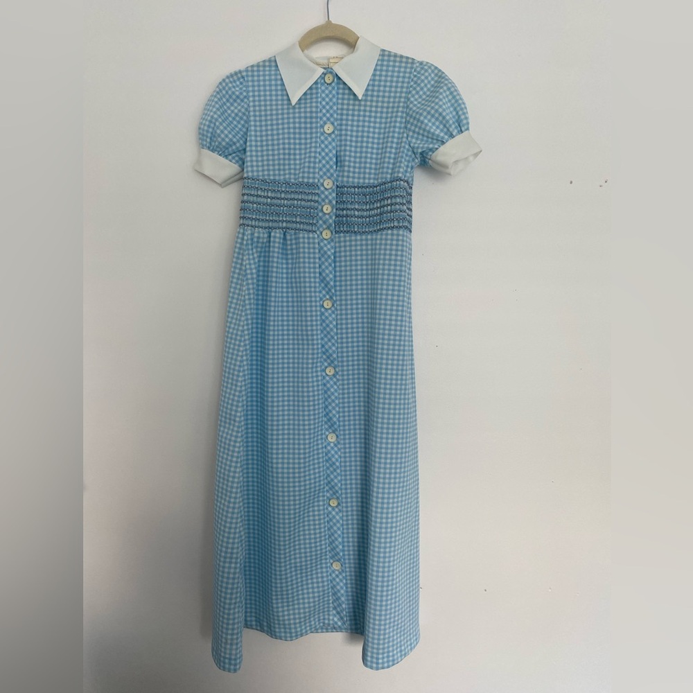 Blue Gingham Button-Front Midi Dress with White Collar